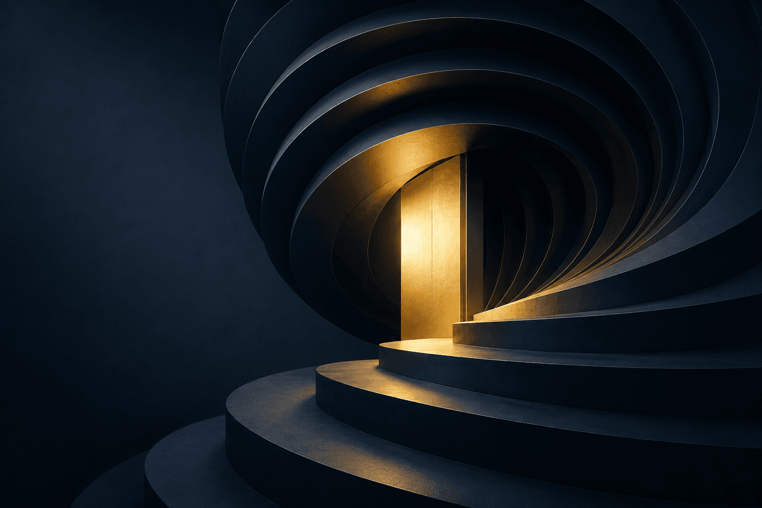 Abstract architectural system spiraling toward a central field of gold light.