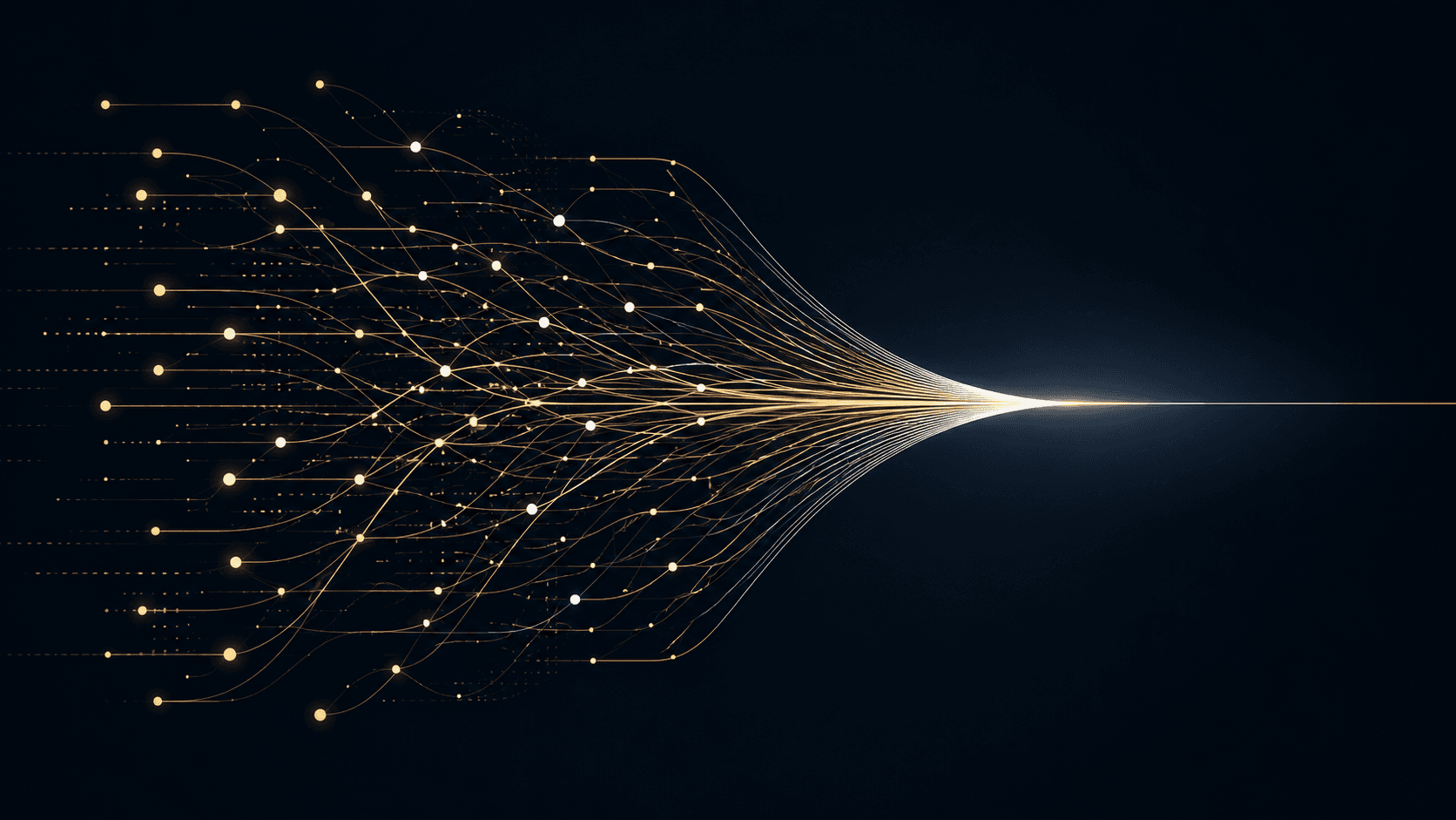 Dense streams of information converging into one clear illuminated signal.