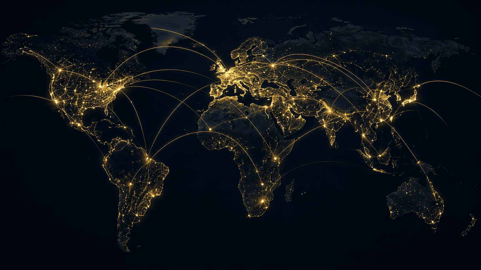 Global network of illuminated connections spanning a dark world map.