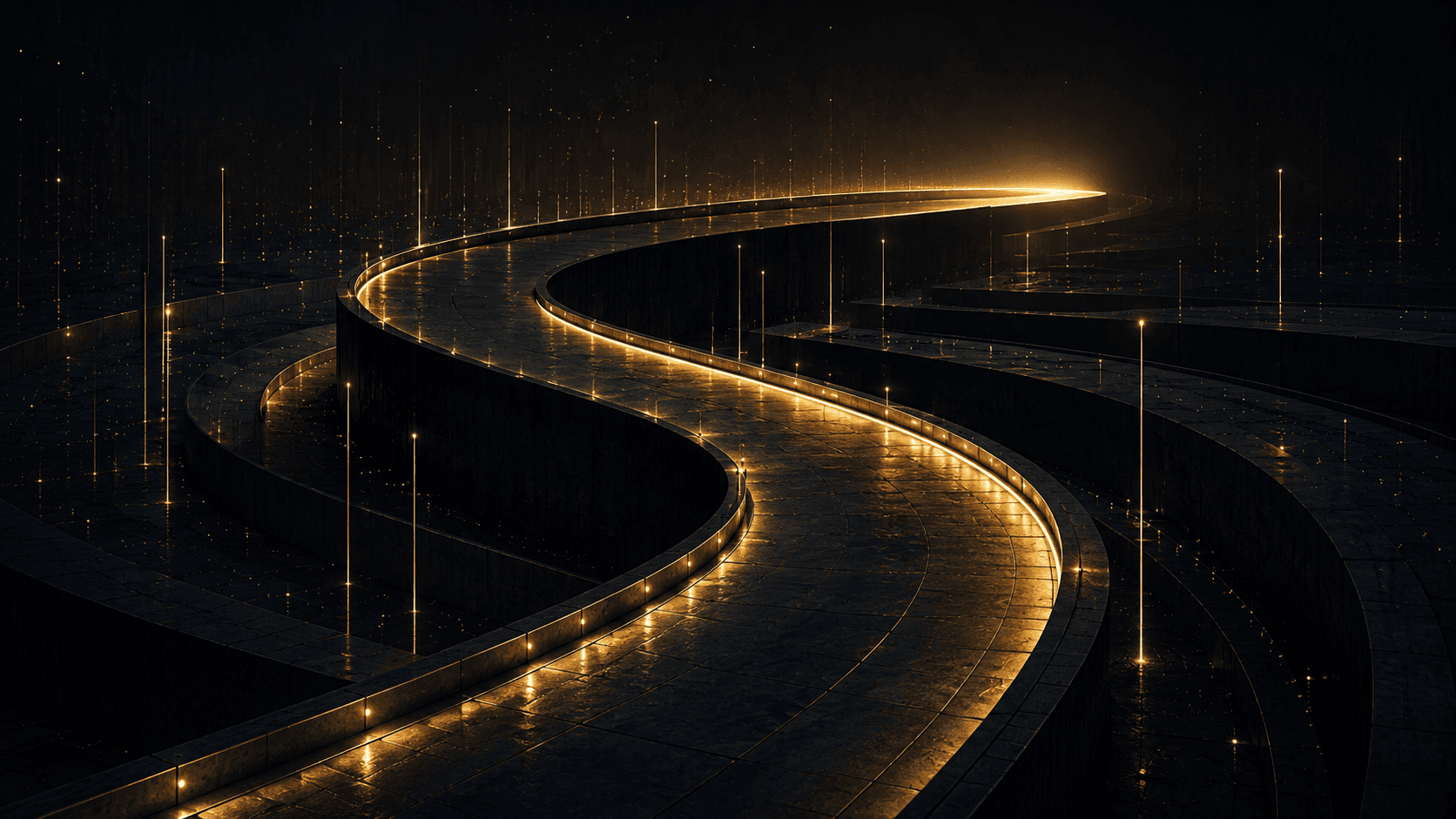 A luminous pathway moving through a layered dark architectural system.