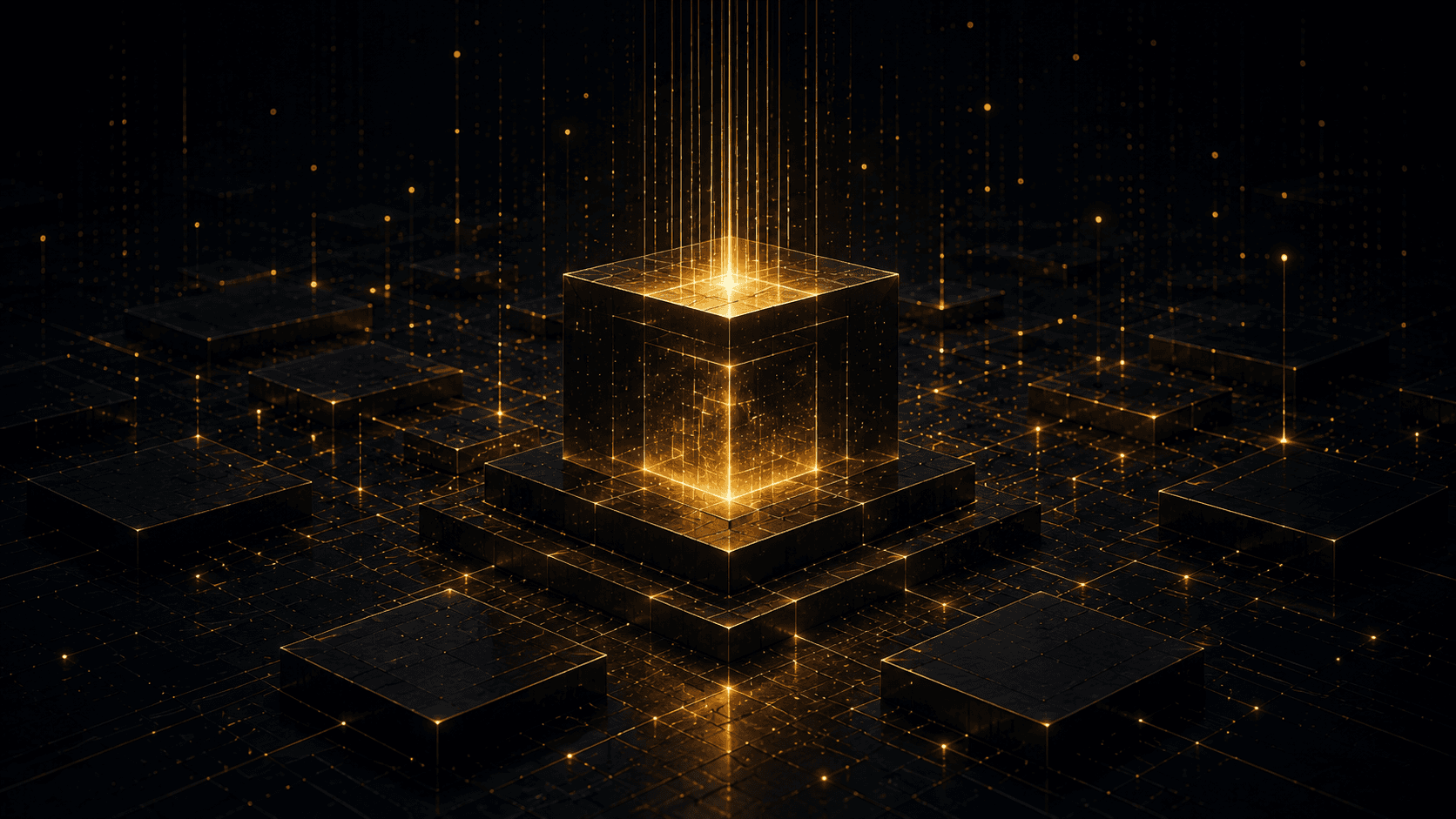 A structured digital core illuminated by interconnected golden signals.