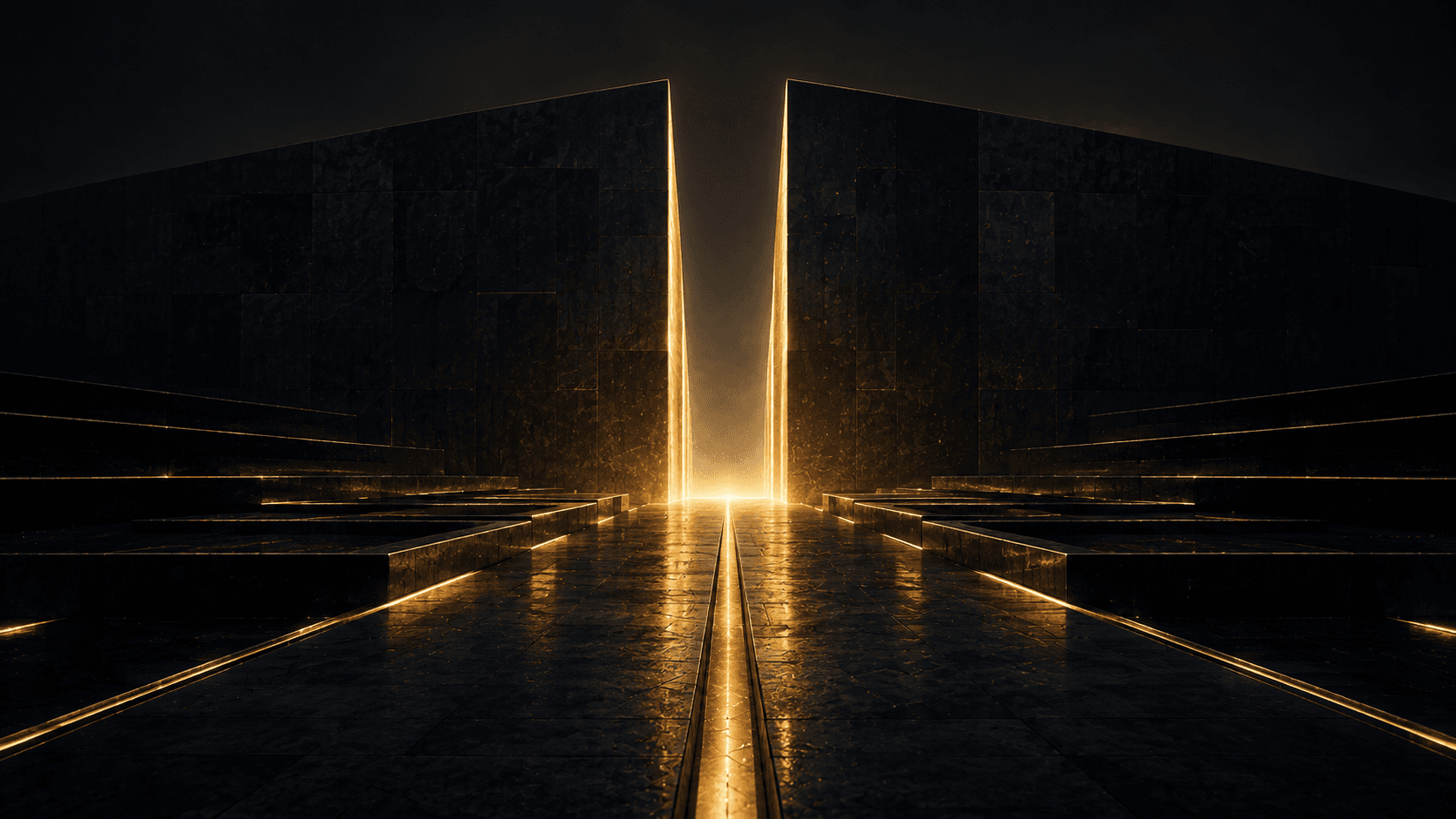 Monumental dark architectural forms organized around a precise illuminated passage.