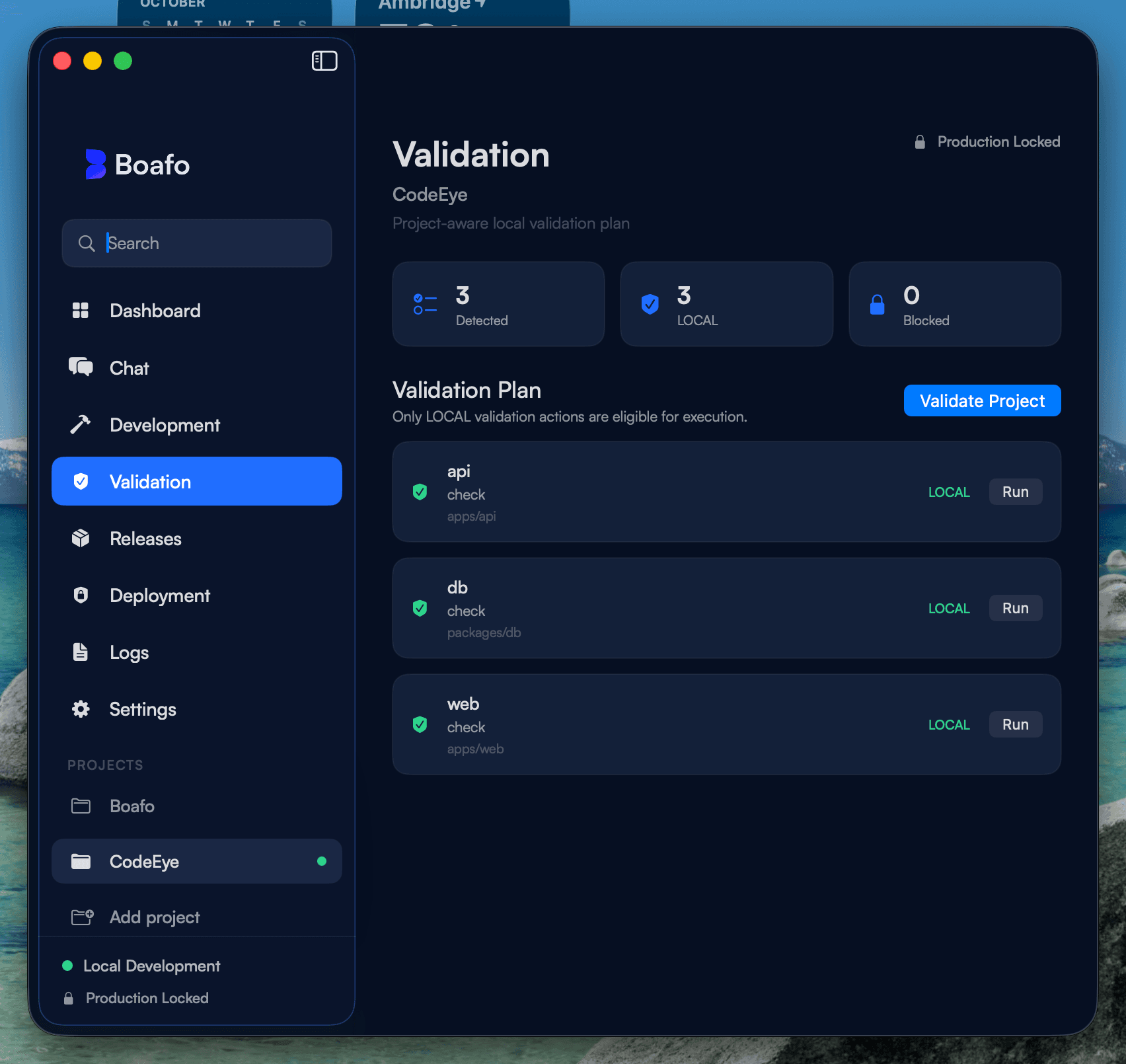 Boafo Si validation view showing development workflow controls.