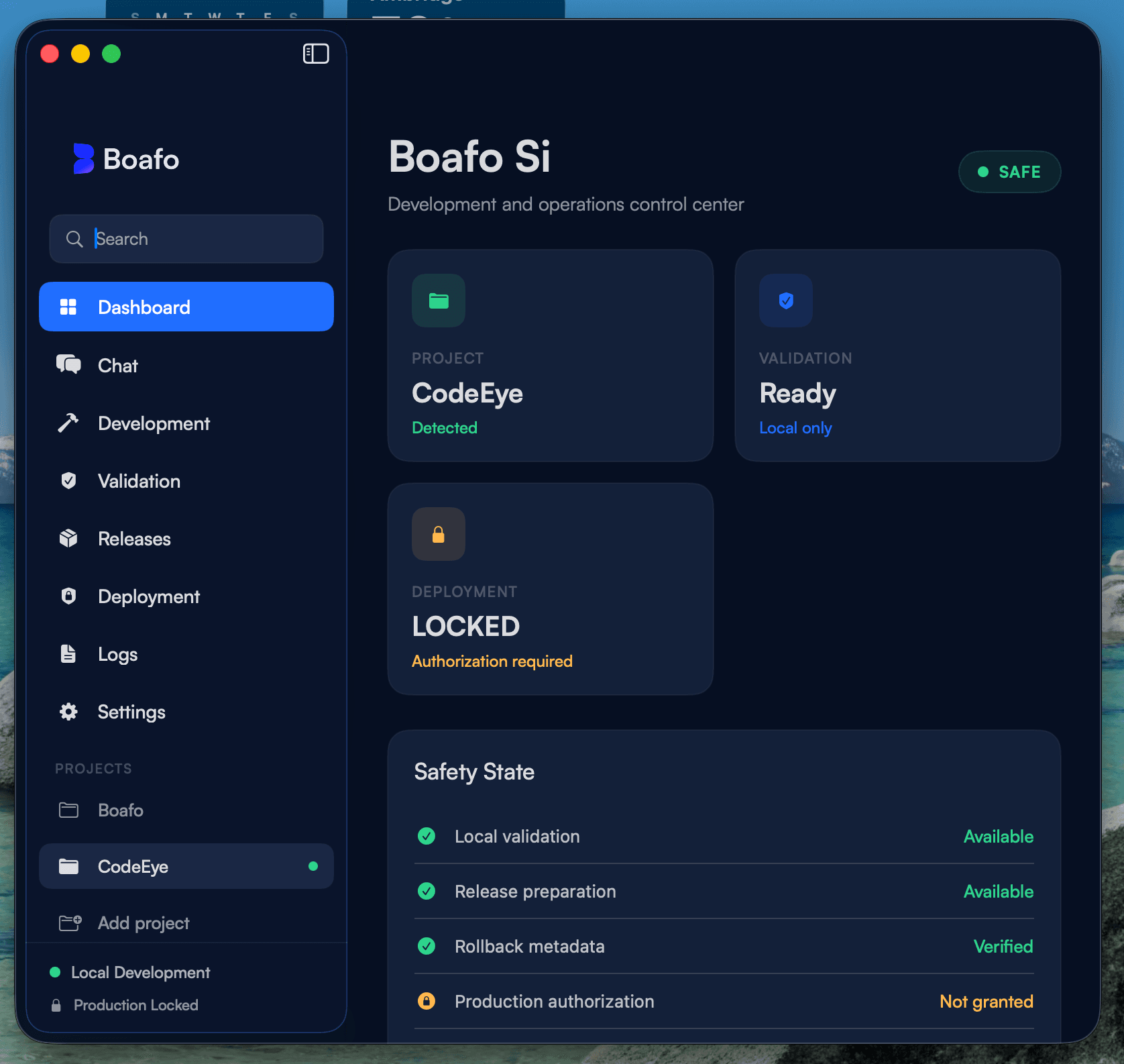 Boafo Si native macOS dashboard showing project and operational status.