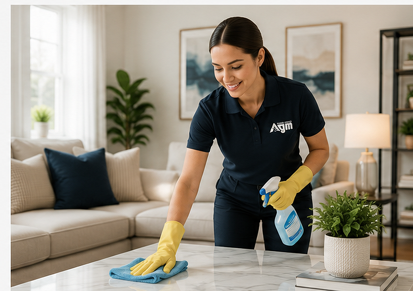 AGM professional cleaner wiping a marble table in a luxury living room
